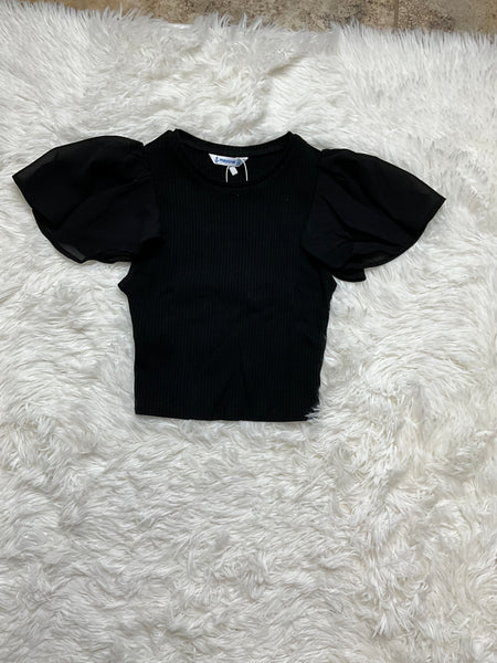 Tween Black Ribbed Flutter Sleeve SHirt