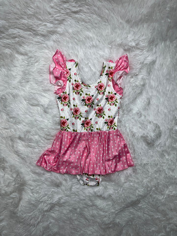 Rose Pink Floral Skirted Leotard