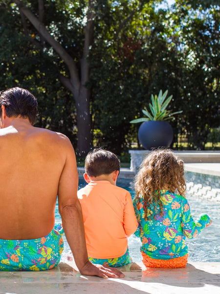 Neon Tiki Swim Trunk and Neon Orange Rash Guard